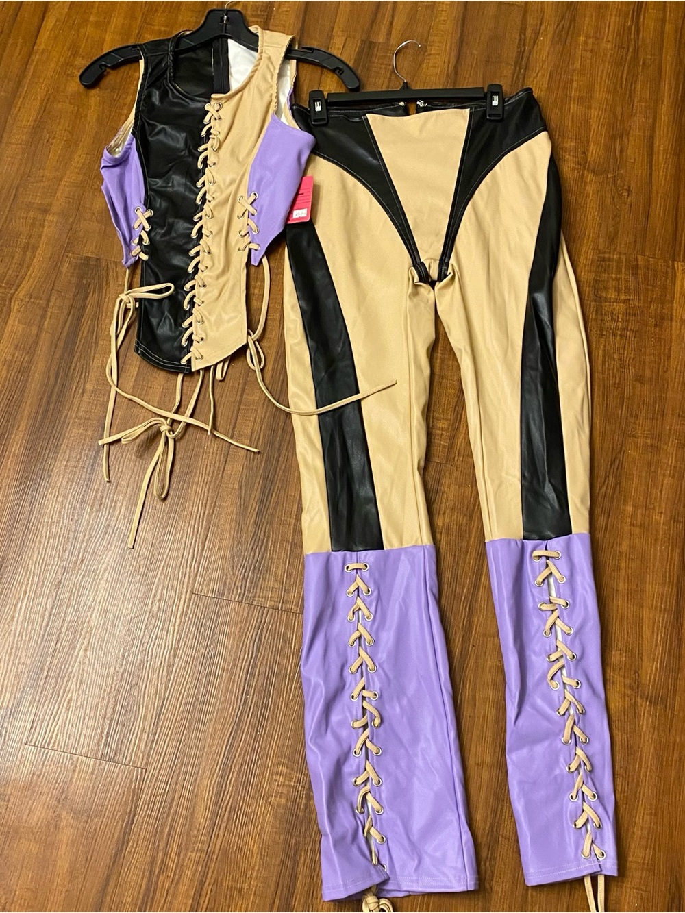 New Ladies Two-Tone Lace-Up Faux Leather Set in Lavender, Beige & Black